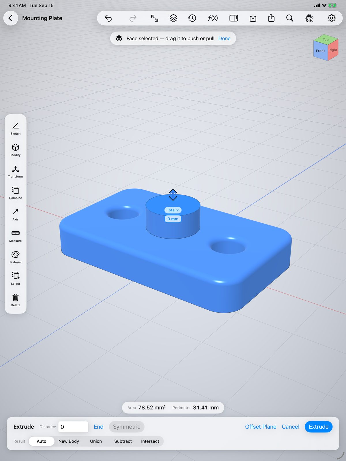 Extruding a boss on the mounting plate with a live distance readout