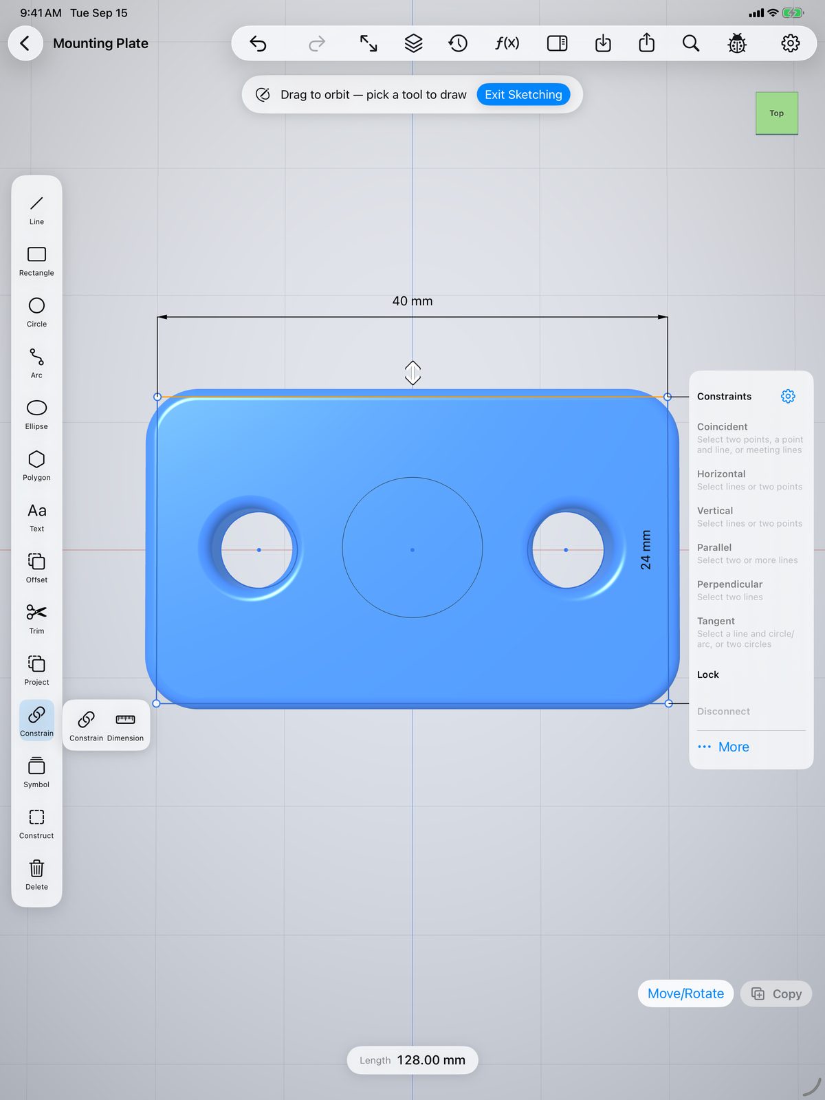 Sketching a dimensioned mounting plate profile on iPad