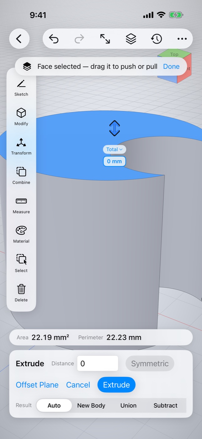 OpenShape3D on iPhone extruding a face