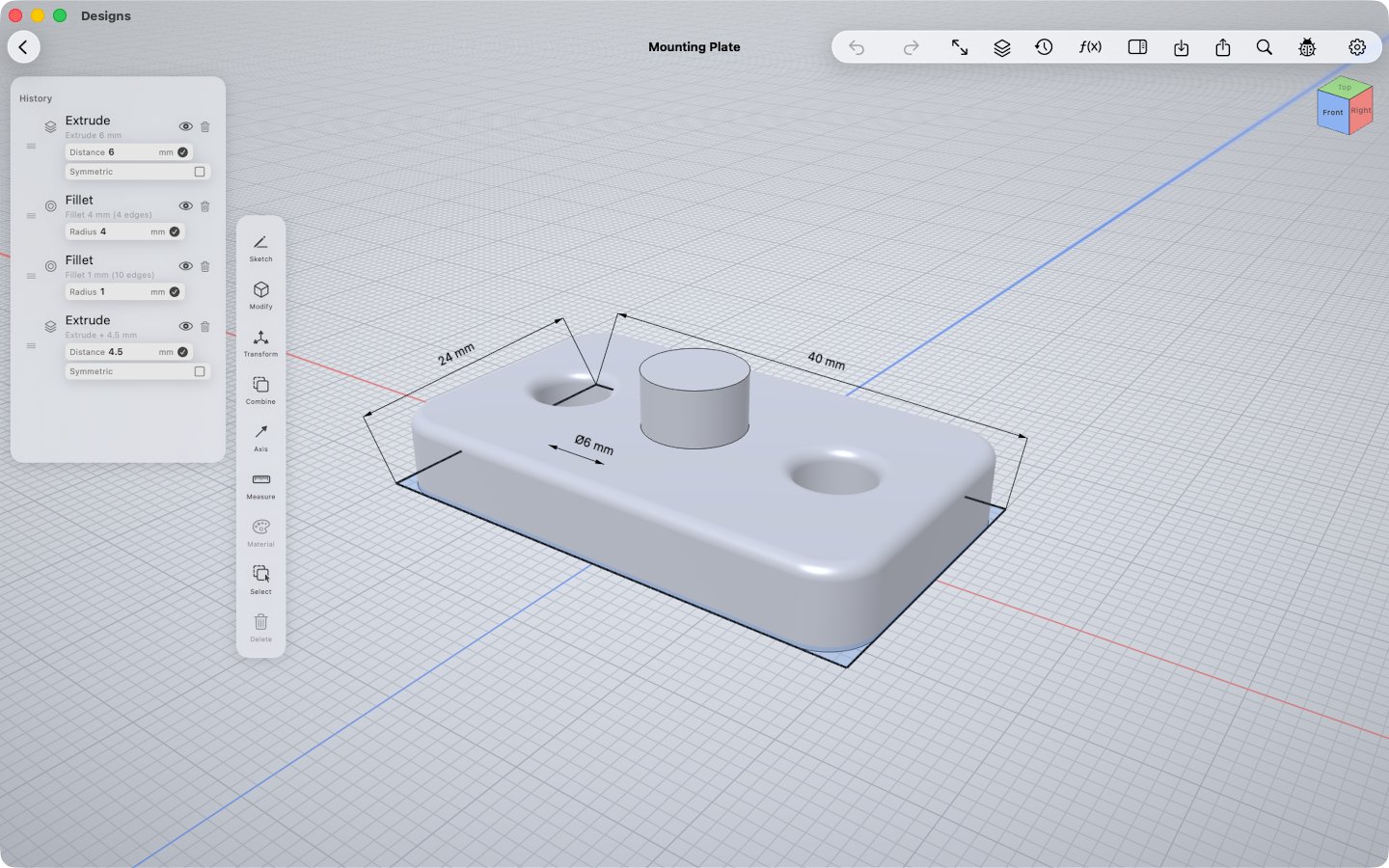 OpenShape3D on Mac: a dimensioned mounting plate with its parametric history