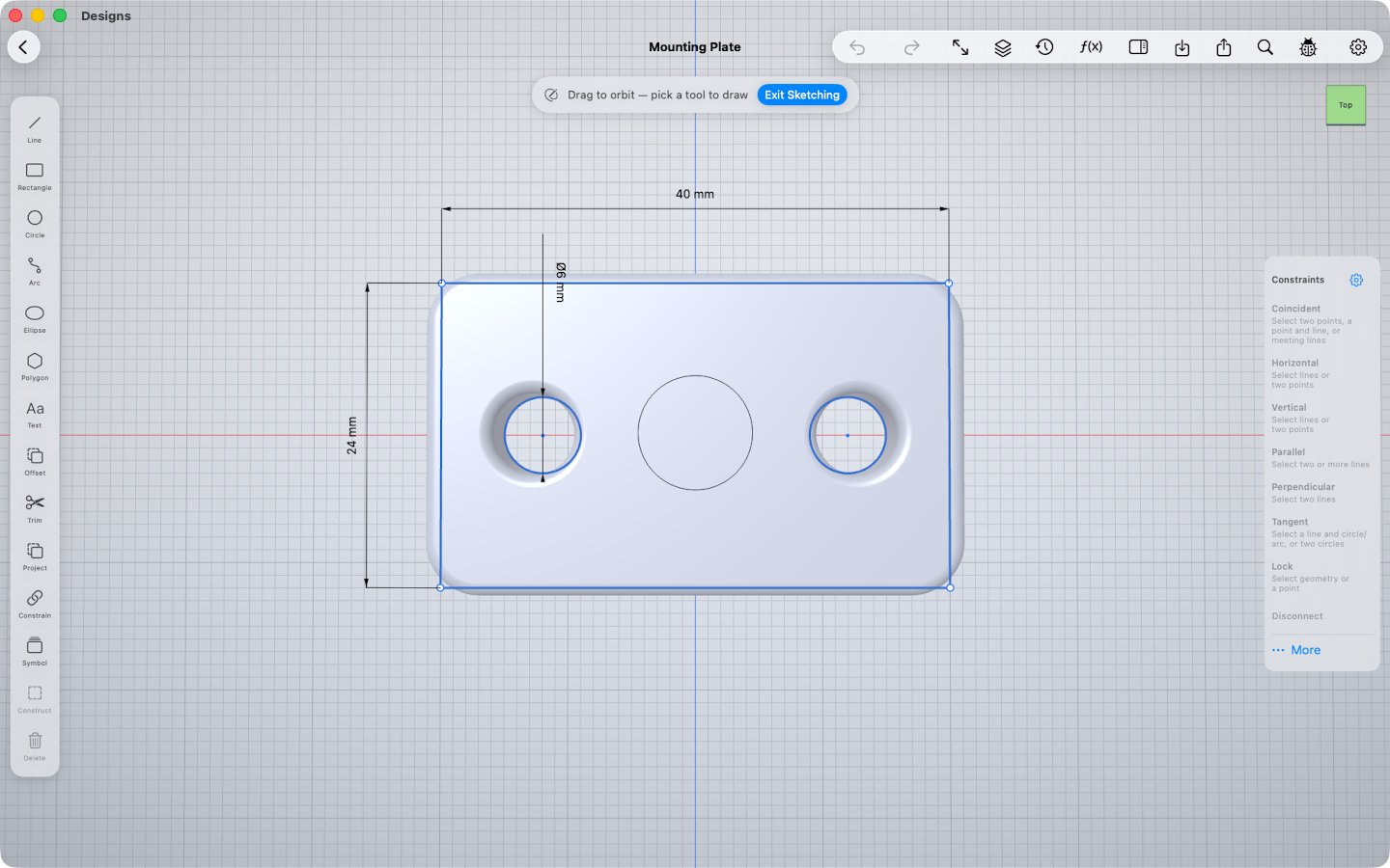 Sketching with driving dimensions on Mac